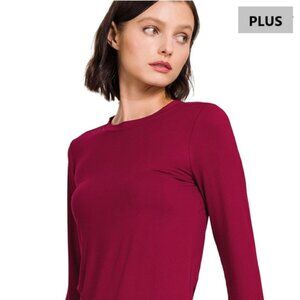 Plus Brushed Microfiber Long Sleeve Round Neck Tee "CABERNET"